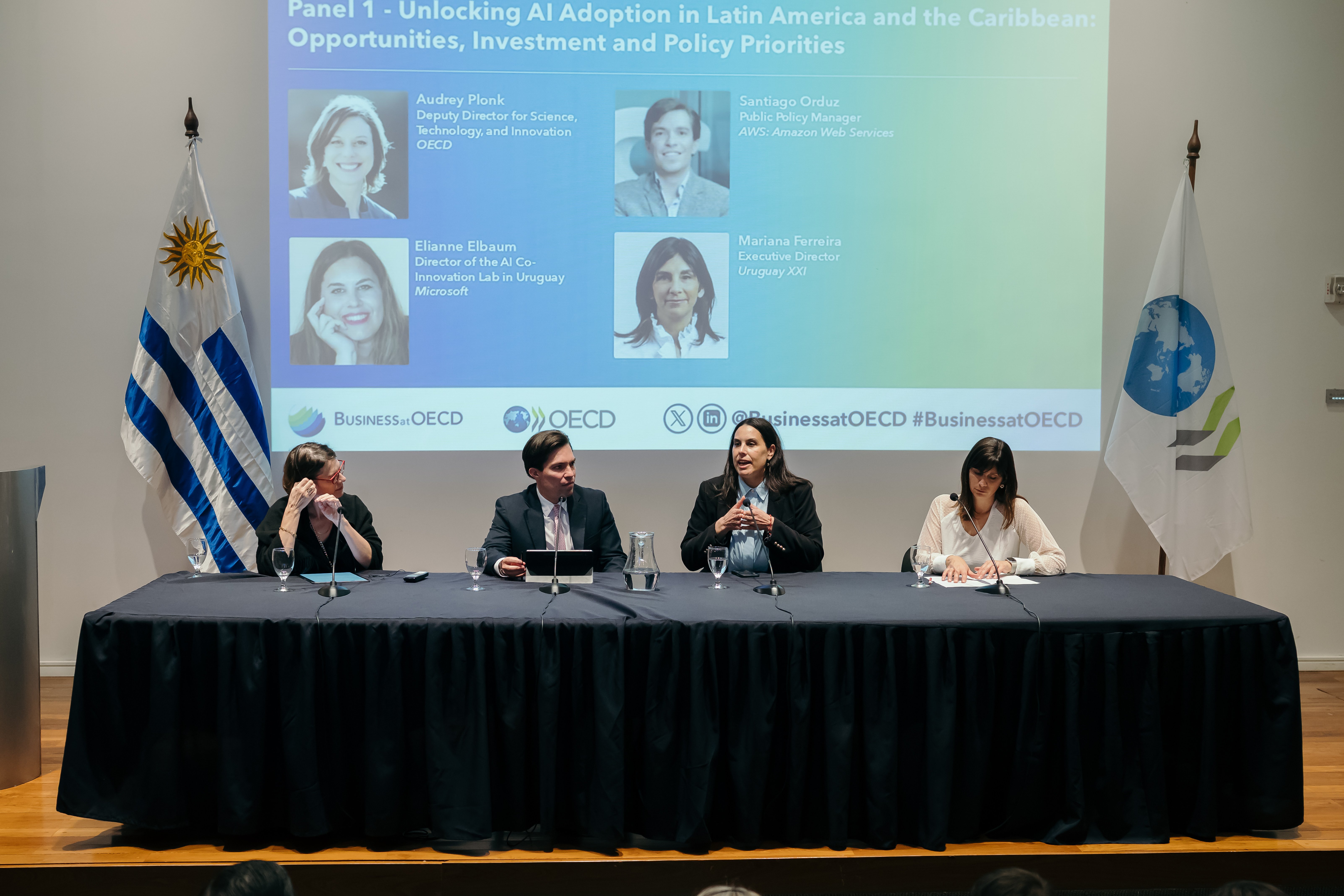 Left to right: The OECD's Audrey Plonk, Amazon Web Services (AWS)'s Santiago Orduz, Microsoft's Elianne Elbaum, and Uruguay XXI's Mariana Ferreira were part of panel 1.