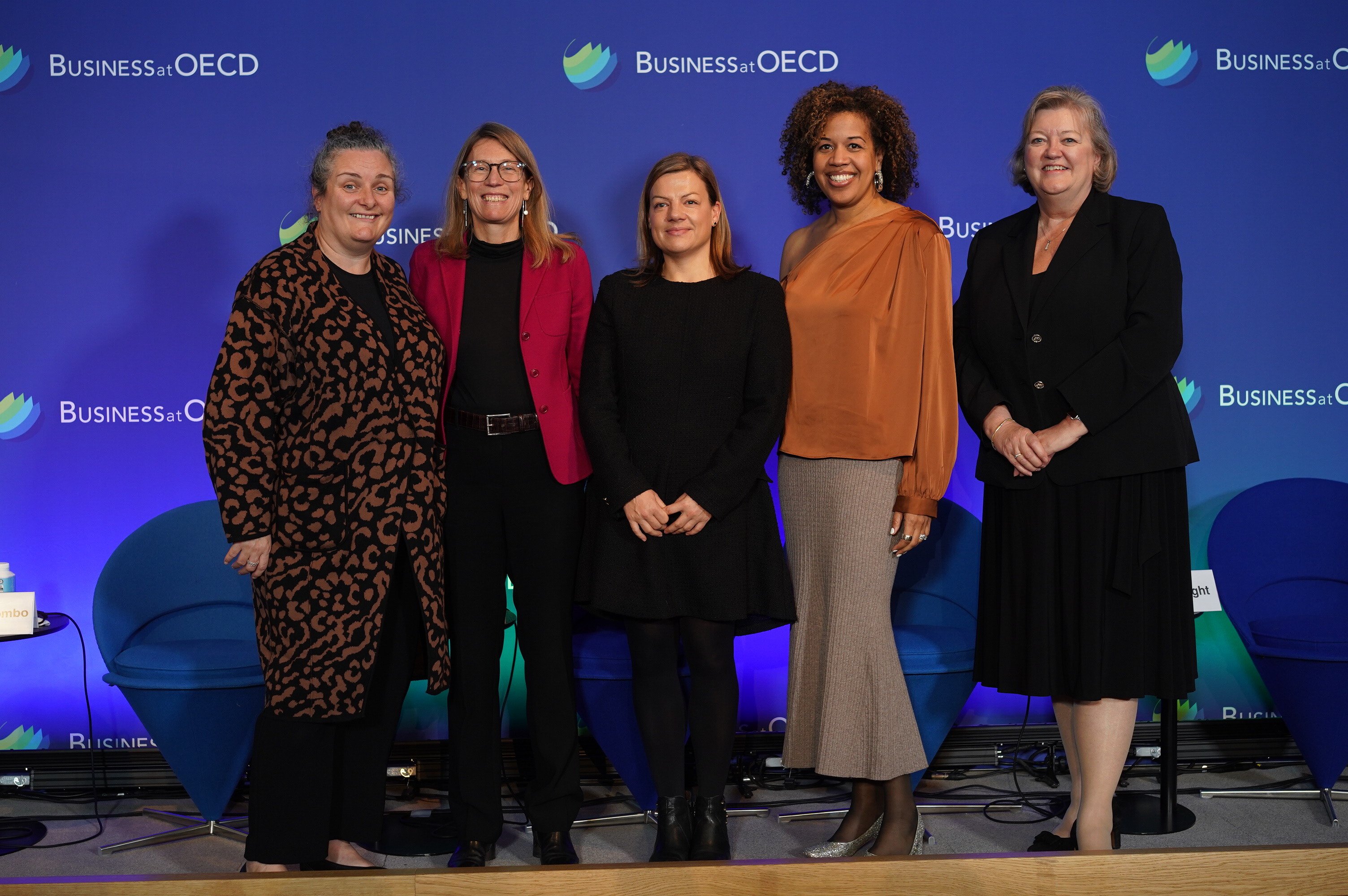 Left to right: Optum's Rebecca Richmond, the OECD's Francesca Colombo, the World Federation of the Sporting Goods Industry's Caroline Brooks, Johnson & Johnson's Carla Cartwright and Pfizer's Diane Thomson?.