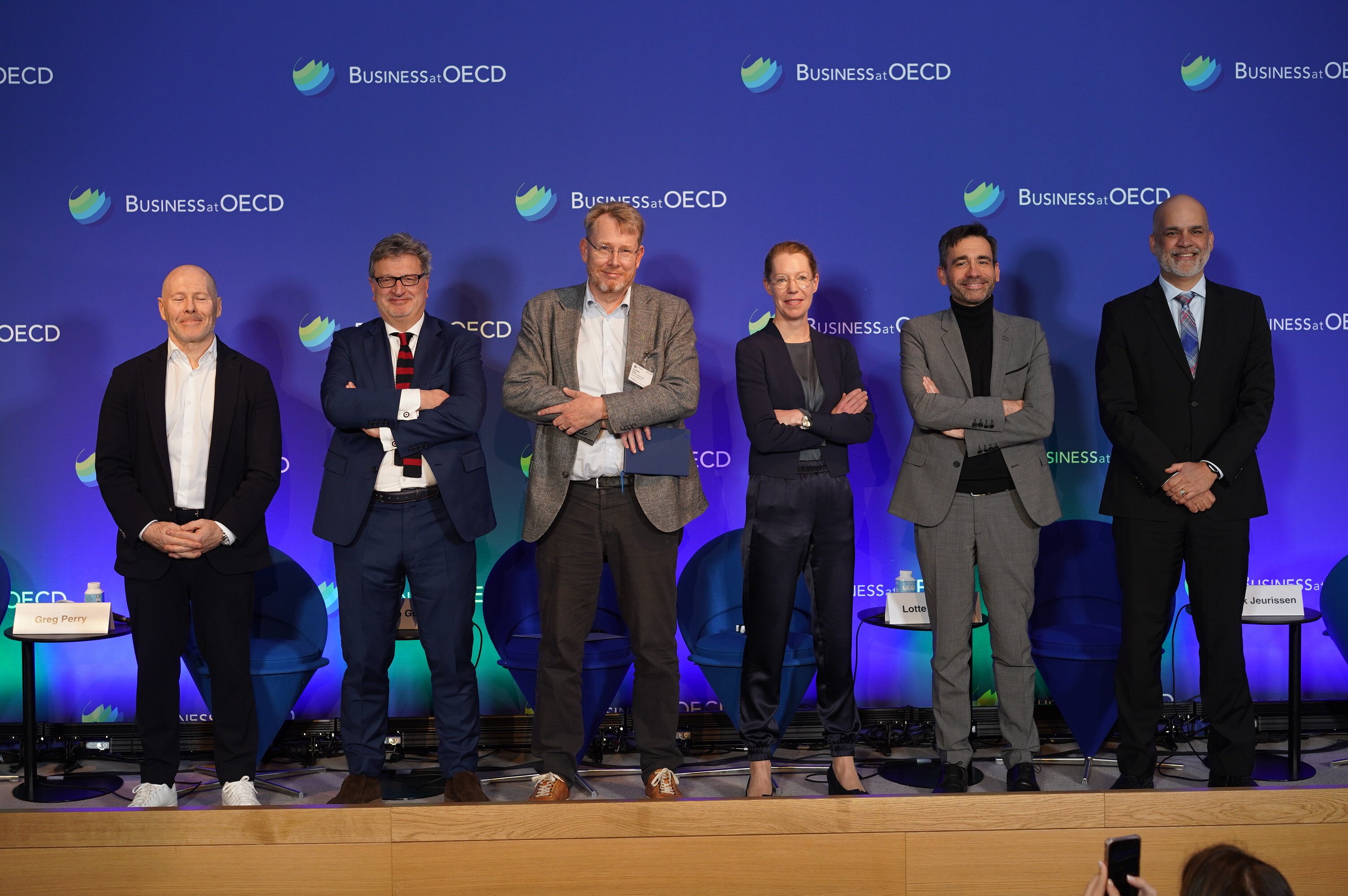 Left to right: Johnson & Johnson Innovative Medicine's Mark Hicken, Global Self-Care Federation's Greg Perry, Philipps' Patrick Jeurissen, Office for Health Economics' Lotte Steuten, Sanofi's David Elvira Martinez and the OECD's Frederico Guanais.