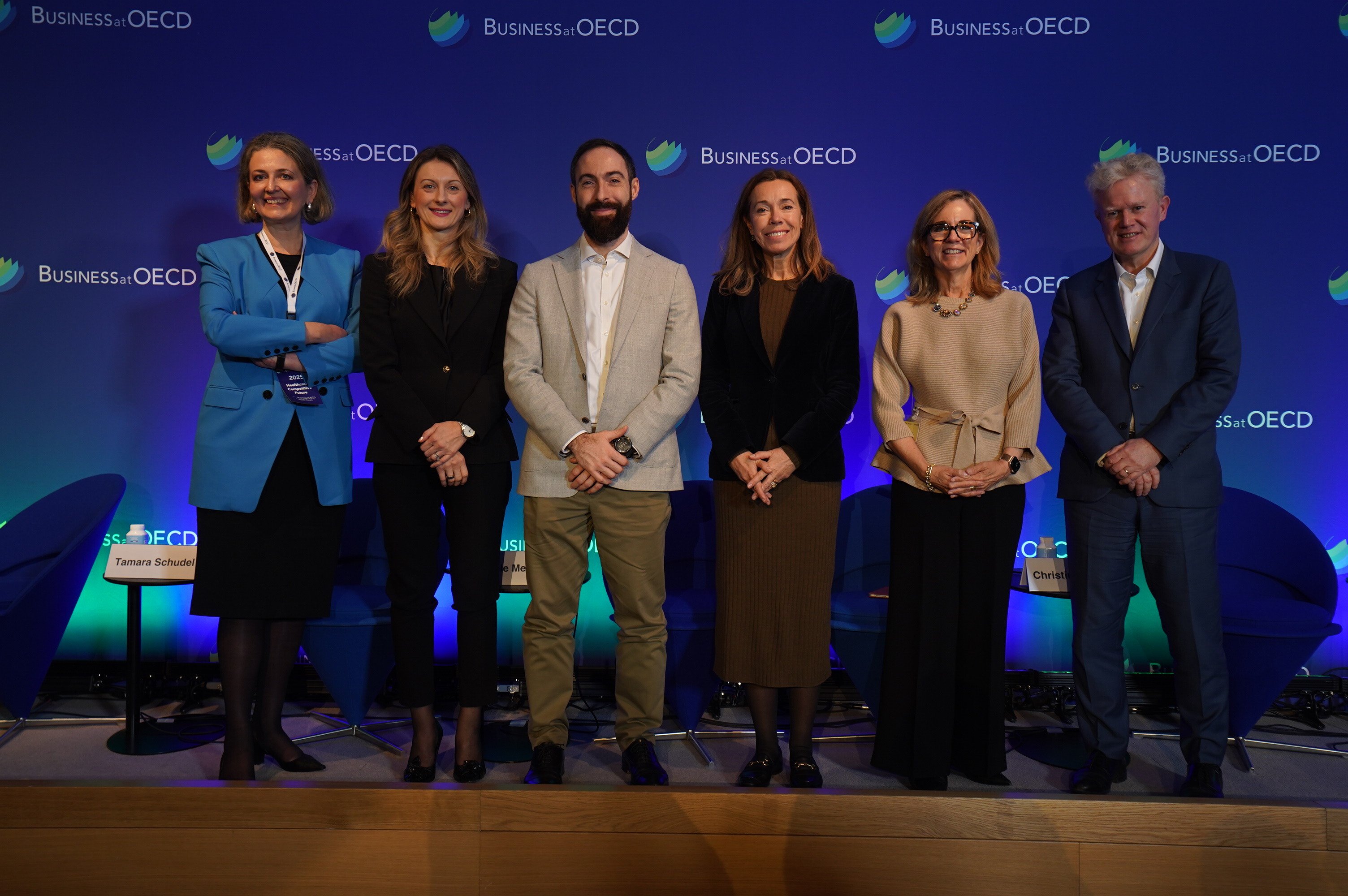 Left to right: Our Health Committee Chair and UnitedHealth Group's Olga Mironenko Stampfer, Roche's Tamara Schudel, Novartis' Michele Mestrinaro, MEDEF's Christine Le Page, USCIB's Whitney Baird and the OECD's Mark Pearson.
