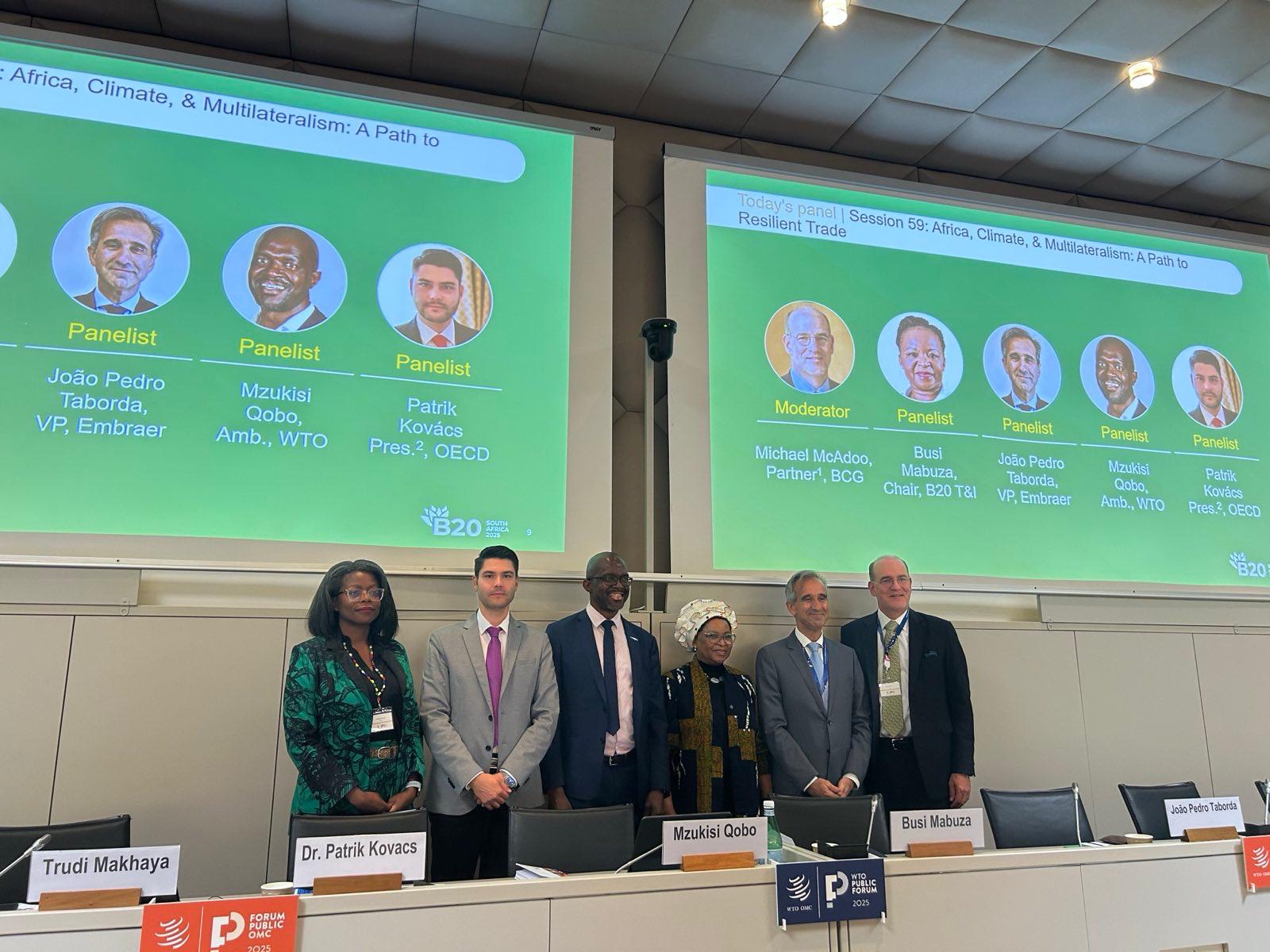 From left to right: BCG's Trudi Makaya, our SMEs Chair Patrik Kovacs, South Africa's Ambassador to the WTO Mzukisi Qobo, Chair of the B20 Trade and Investment Task Force Busi Mabusa, Embraer's João Pedro Taborda, and BCG's Michael McAdoo.