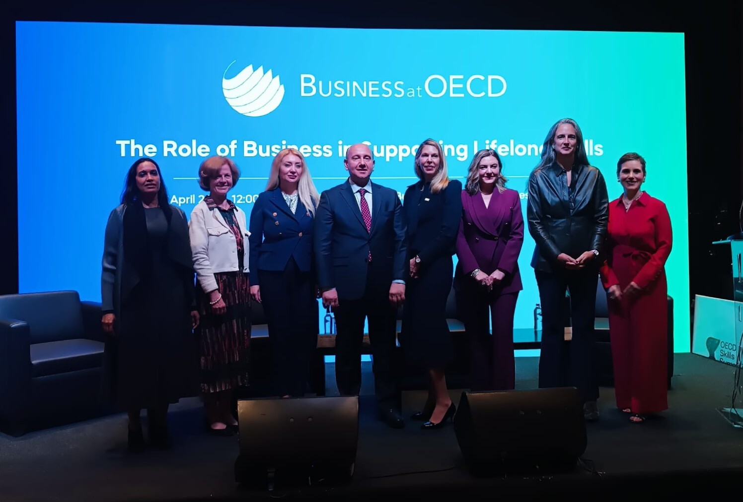 Left to right: the OECD's El Iza Mohamedou, our Executive Director Hanni Rosenbaum, TOBB's Aslı Parmak, Deputy Minister of Labour and Social Security of Türkiye Prof. Dr. Lutfihak Alpkan, USCIB's Kristen Kaufman, TÜSİAD's Feyza Narlı, our Employment, Labour, and Social Affairs Committee Chair and the Adecco Group's Bettina Schaller, and our Deputy Executive Director Nicole Primmer at our side event.
