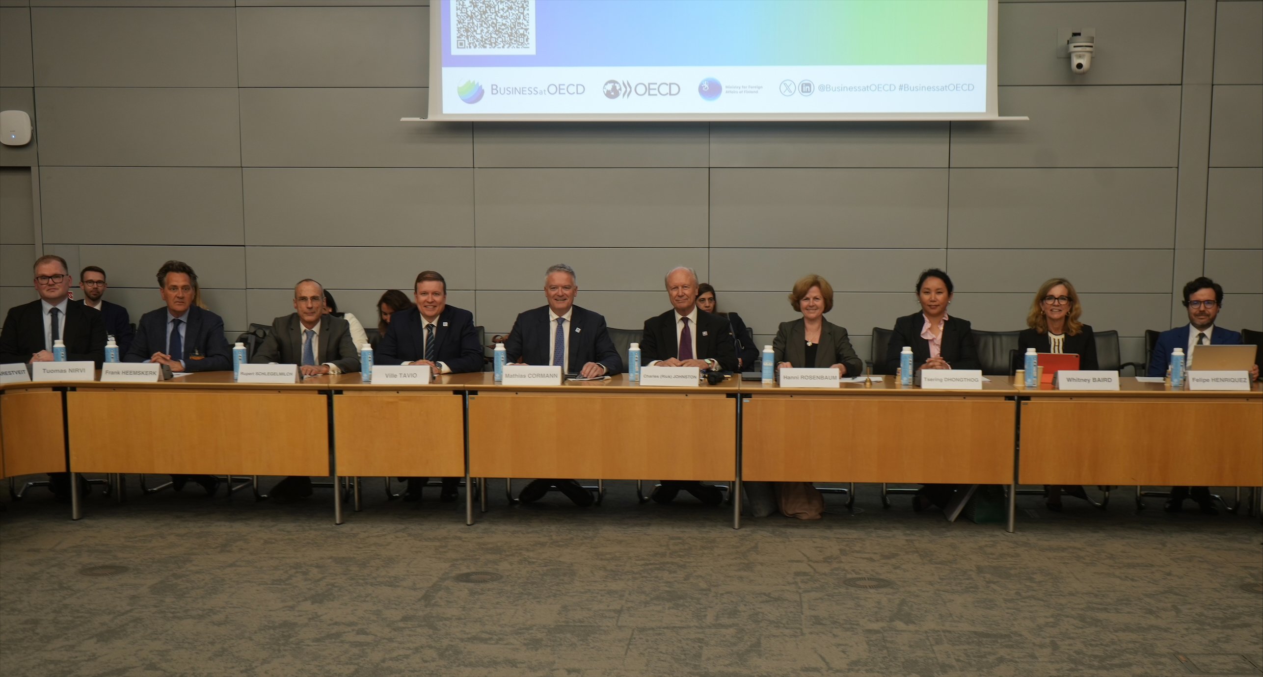 Speakers from our side event session on investment, including the Minister of Foreign Trade for Finland Ville Tavio, the OECD Secretary-General Mathias Cormann, and our Chair Rick Johnston.